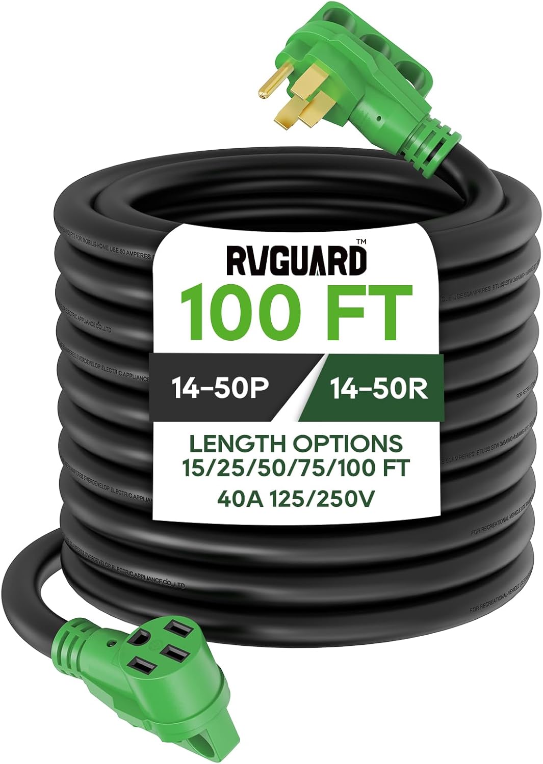 40 Amp 100 Foot RV/EV Extension Cord, NEMA 14-50P/R Heavy Duty Extension Cord with LED Power Indicator and Cord Organizer, Green,