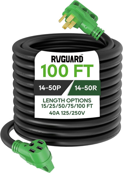 40 Amp 100 Foot RV/EV Extension Cord, NEMA 14-50P/R Heavy Duty Extension Cord with LED Power Indicator and Cord Organizer, Green,