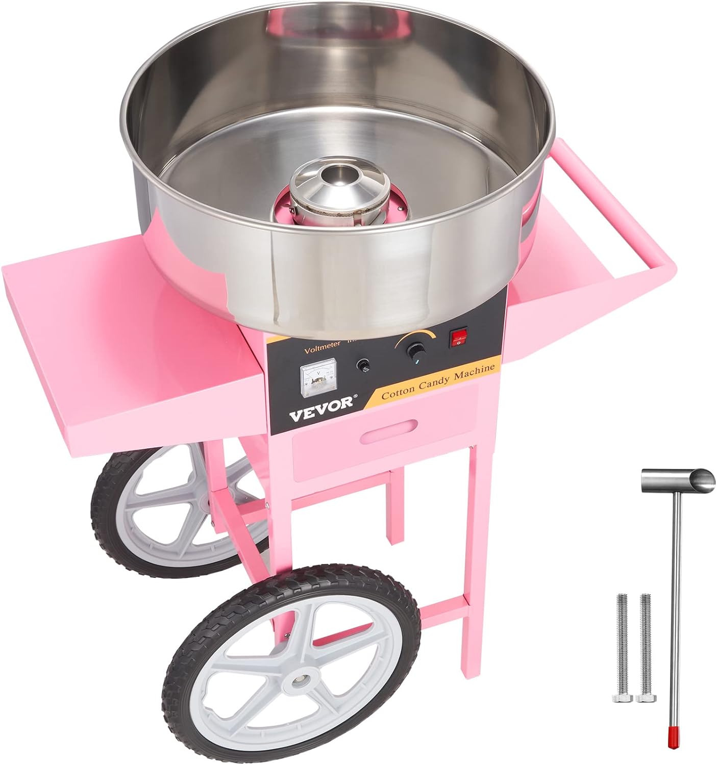 Electric Cotton Candy Machine with Cart, 1000W Commercial Floss Maker with Stainless Steel Bowl, Sugar Scoop and Drawer, Perfect for Home, Kids Birthday, Family Party, Pink