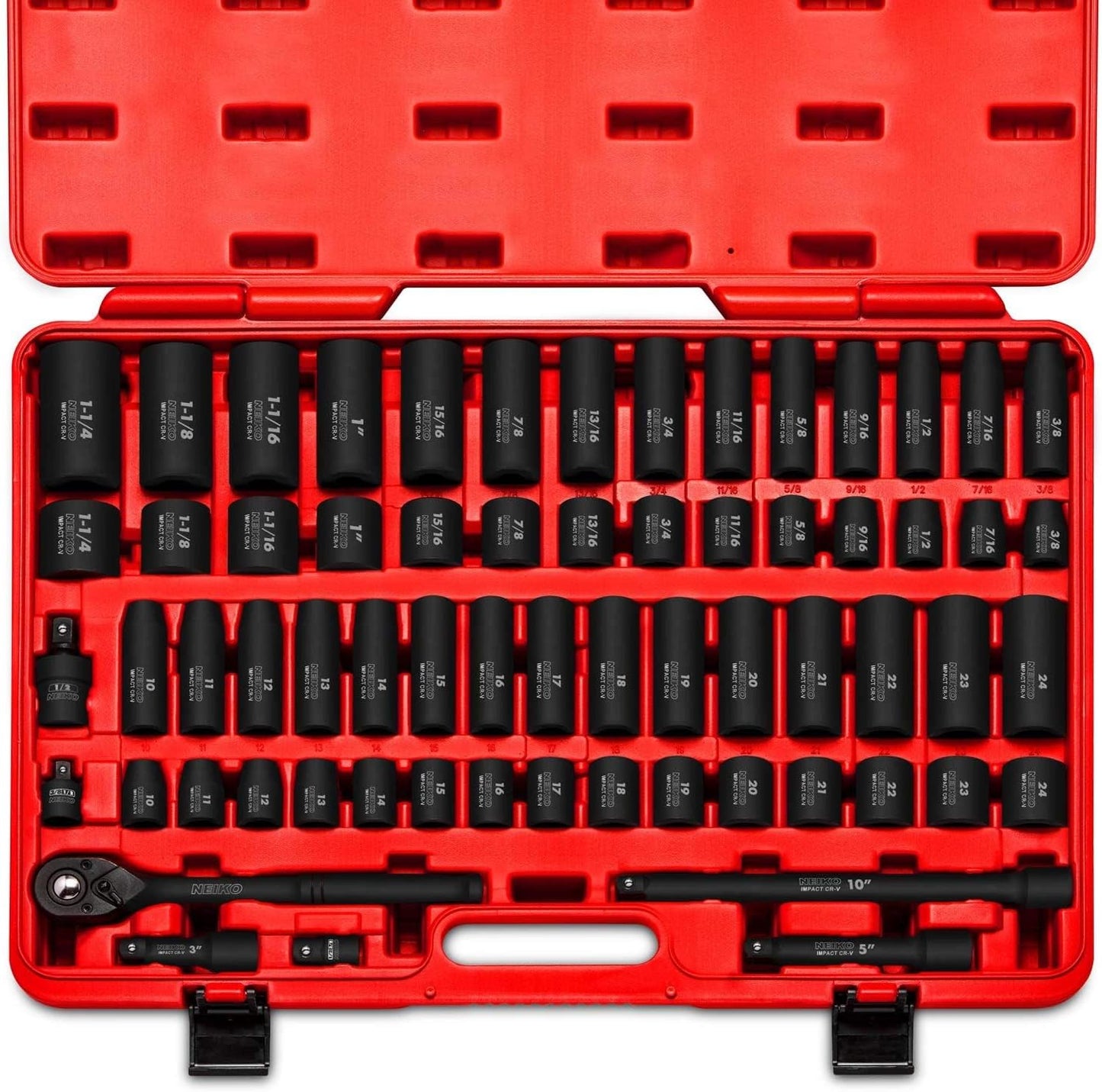 02448A 1/2" Drive Master Impact Socket Set, 65 Piece, Standard SAE (3/8"-1-1/4") & Metric (10-24 mm) Sizes, Deep & Shallow Kit, Includes Adapters & Ratchet Handle