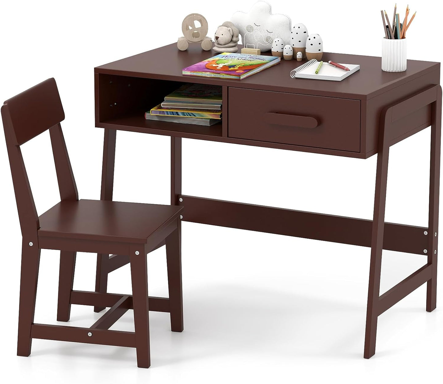 Kids Desk and Chair Set, Wooden Children School Study Table and Chair w/Storage Drawer & Hutch, Student Writing Desk Computer Workstation for Bedroom, Gift for 3+ Years Old (White)