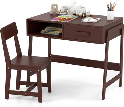 Kids Desk and Chair Set, Wooden Children School Study Table and Chair w/Storage Drawer & Hutch, Student Writing Desk Computer Workstation for Bedroom, Gift for 3+ Years Old (White)
