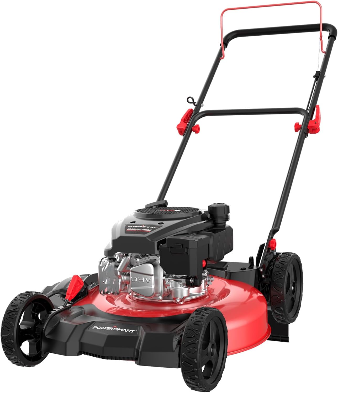 21-inch gas-powered lawn mower, equipped with a 144cc four-stroke all-terrain engine, featuring both crushing and side-discharge functions, with adjustable cutting height ranging from 6 positions.