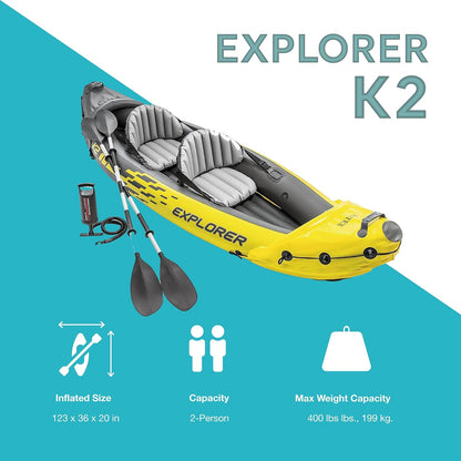 Explorer K2 Inflatable Kayak Set: Includes luxurious 86-inch aluminum paddle and high-output pump - extremely durable PVC material - adjustable seat with backrest - suitable for two people - maximum weight capacity 400 pounds