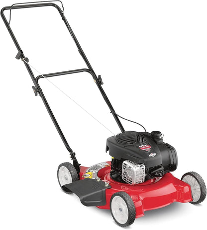 20-inch steel cutting deck, side-discharge gasoline-powered push lawn mower, with engine oil, available in red and black, suitable for outdoor yards.