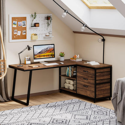 L-Shaped Computer Desk with 3 Drawers, Reversible Corner Home Office Desk with Shelves, 53-Inch Industrial PC Desk Study Writing Table Workstation for Small Space, Rustic Brown