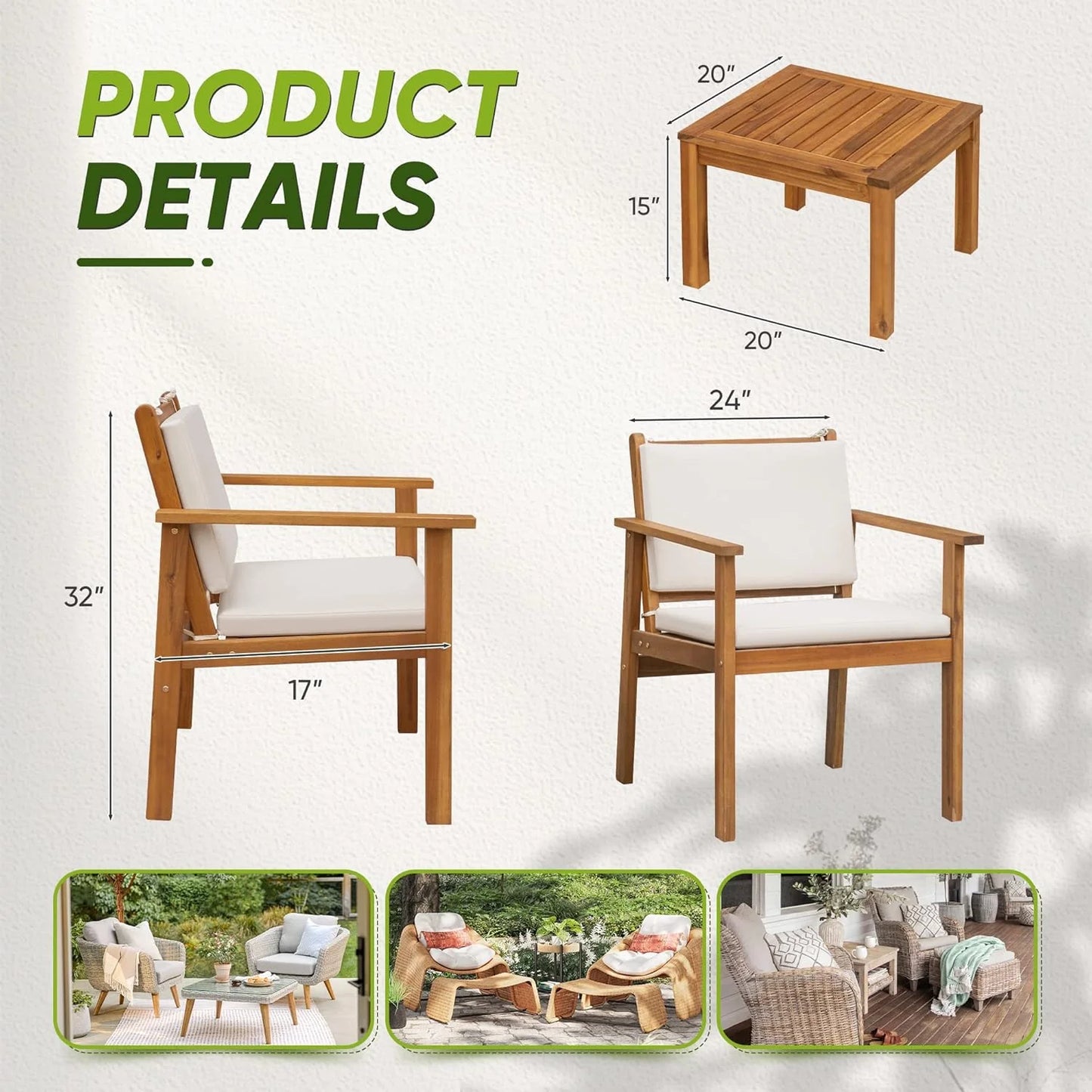 Patio Furniture 4 Piece Outdoor Acacia Wood Patio Conversation Sofa Set with Table & Cushions Porch Furniture for Deck, Balcony, Backyard
