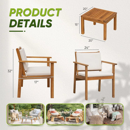 Patio Furniture 4 Piece Outdoor Acacia Wood Patio Conversation Sofa Set with Table & Cushions Porch Furniture for Deck, Balcony, Backyard