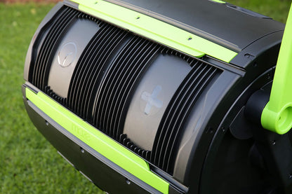 Two 65-gallon two-stage composting drums, equipped with large double doors and an open frame, are also provided along with a maze-style compost cart, a 1.85-gallon kitchen trolley-style compost bin, three rolls of corn bags, and a retractable plant t