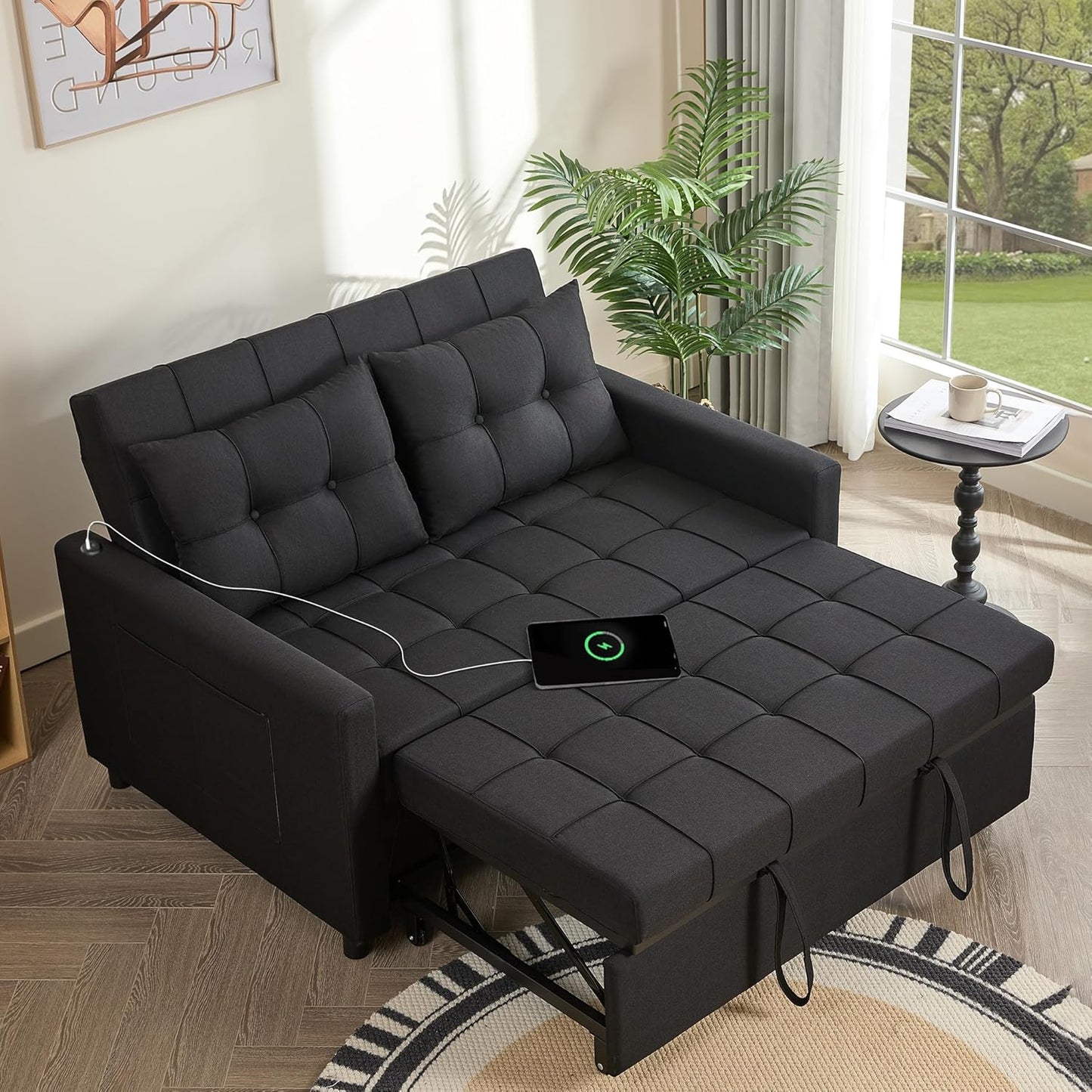52" Sleeper Sofa with Pull-Out Bed, 3-in-1 Convertible Sofa Bed, Loveseat with Adjustable Backrest and Side Pocket, for Living Room Apartment, Linen, Dark Grey