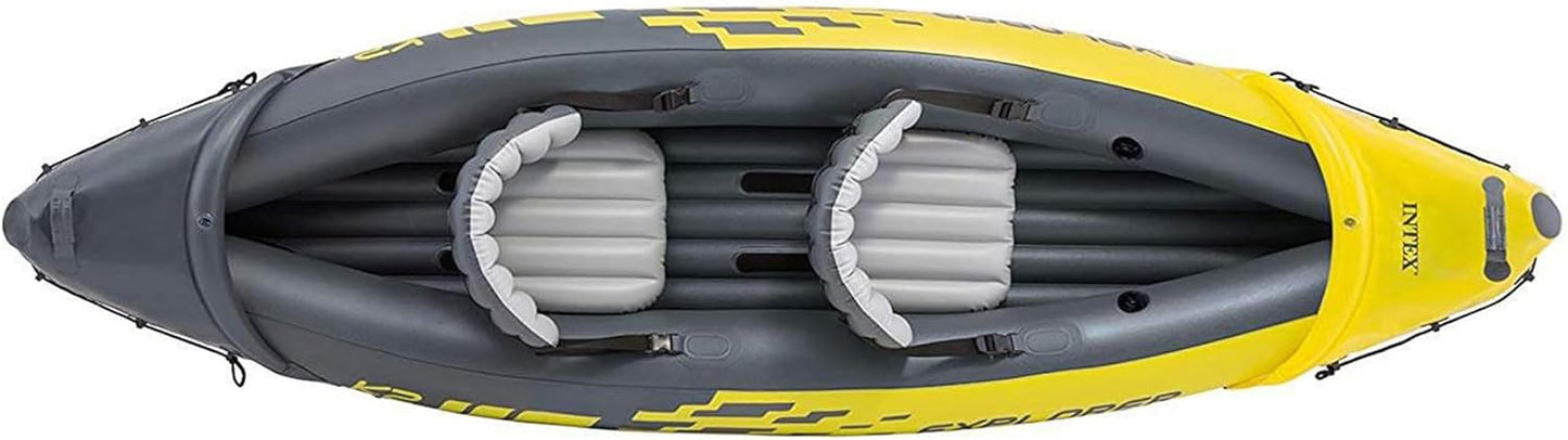 Explorer K2 Inflatable Kayak Set: Includes luxurious 86-inch aluminum paddle and high-output pump - extremely durable PVC material - adjustable seat with backrest - suitable for two people - maximum weight capacity 400 pounds