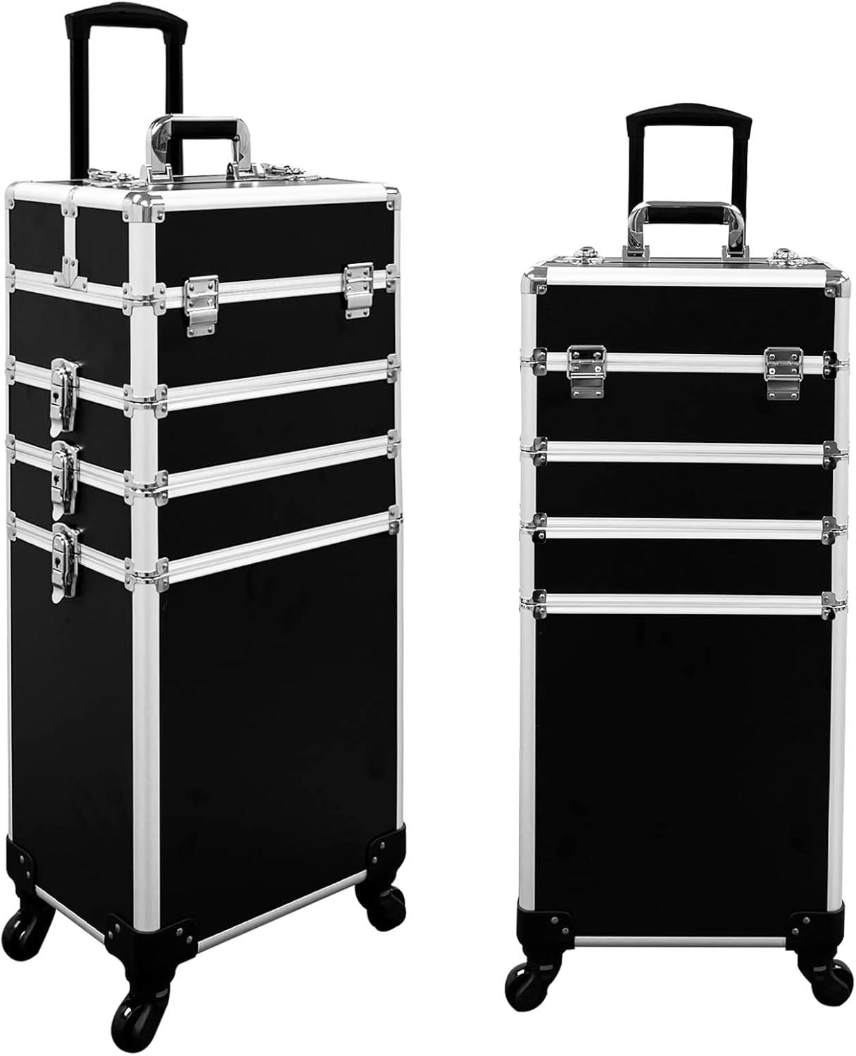 4 in 1 Professional Rolling Aluminum Cosmetic Makeup Train Organizer Storage Case Artist Train Case Salon Beauty Cosmetic Jewelry Organizer Trolley with 4 Wheels (All Black)