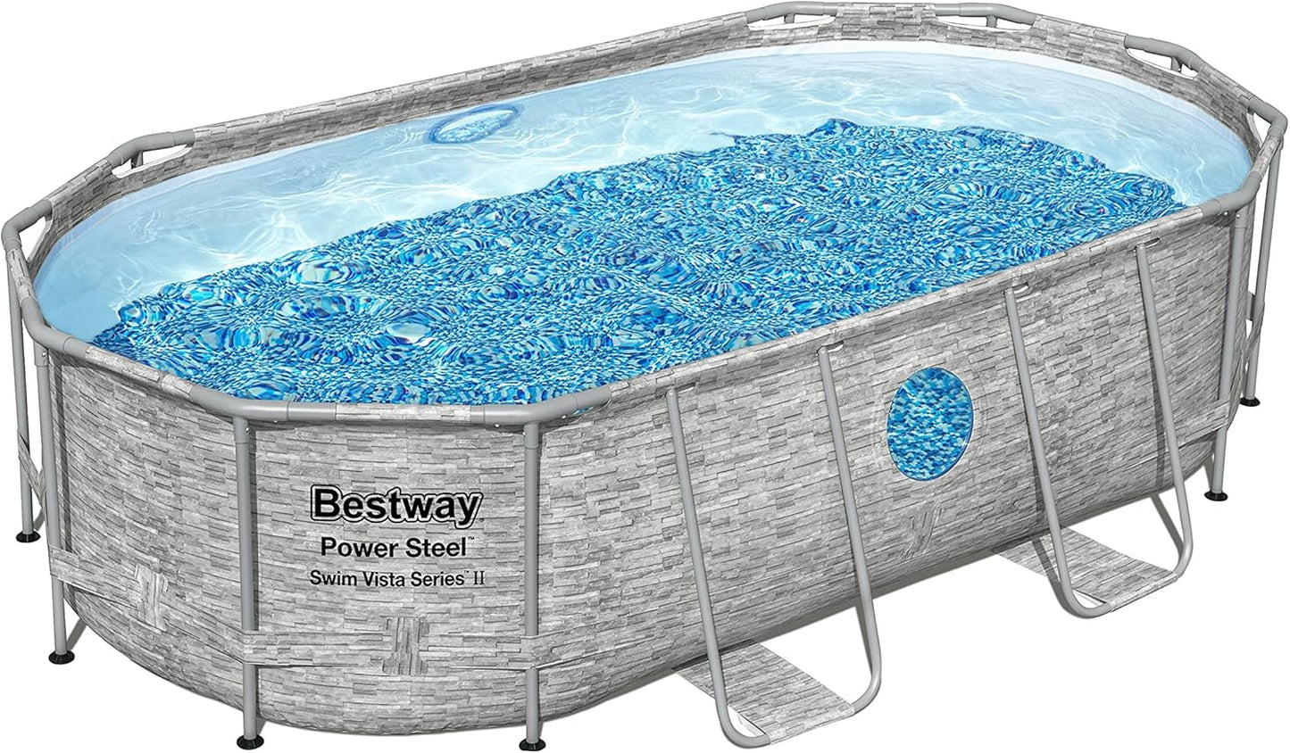 The robust steel swimming pool "Horizon Series II" - a 14 feet x 8 feet 2 inches x 39.5 inches outdoor above-ground pool package, equipped with a 530 liter/minute filtration pump, ladder and pool cover.