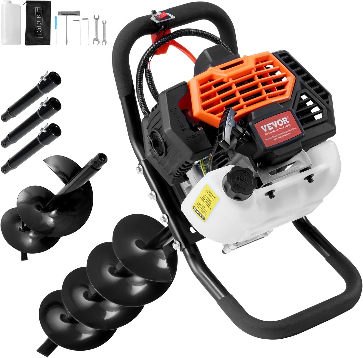 1450-watt gasoline engine electric drilling machine, equipped with 6-inch and 10-inch drill bits and 3 extension rods, suitable for drilling holes in fence posts of farmlands, gardens, and orchards. The color is orange and black.