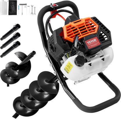 1450-watt gasoline engine electric drilling machine, equipped with 6-inch and 10-inch drill bits and 3 extension rods, suitable for drilling holes in fence posts of farmlands, gardens, and orchards. The color is orange and black.