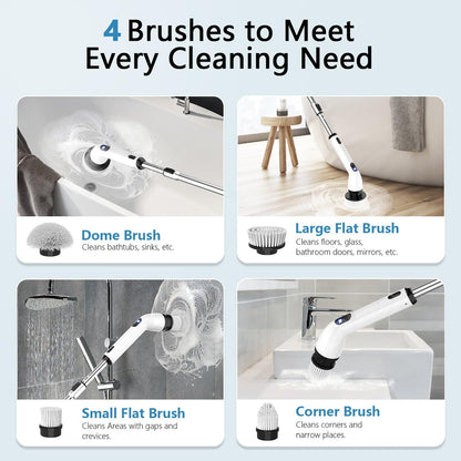 Electric Spin Scrubber, Full-Body IPX7 Waterproof Bathroom Scrubber with Power LCD Display, Adjustable Extension Handle, Cordless Shower Cleaner Brush for Bathtub Kitchen Wall Cleaning