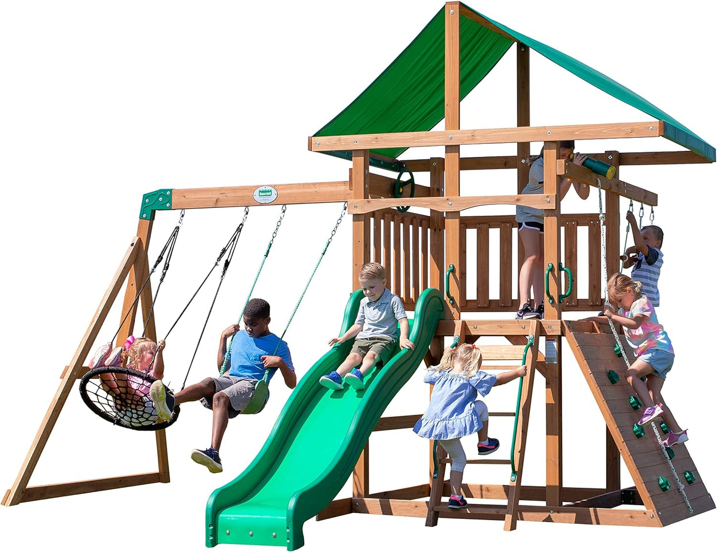 A complete set of wooden mountain-style swings, equipped with a colorful canvas sunshade, a wave slide, a rope swing, a net swing, and a rock wall with climbing ropes and ladders.