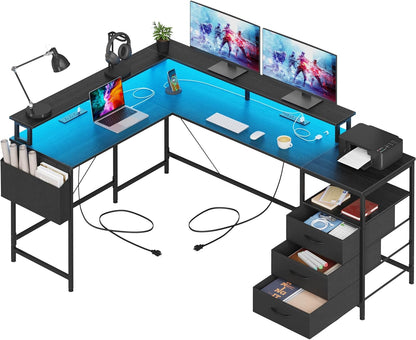 3 Drawers L Shaped Desk 63 Inch, 2 Power Strips (6 AC) and LED, Large Gaming Desk & 2 Monitor Stands, L Shape Computer Desk, Stable and Sturdy Home Office Desk, Fabric Drawers, Black