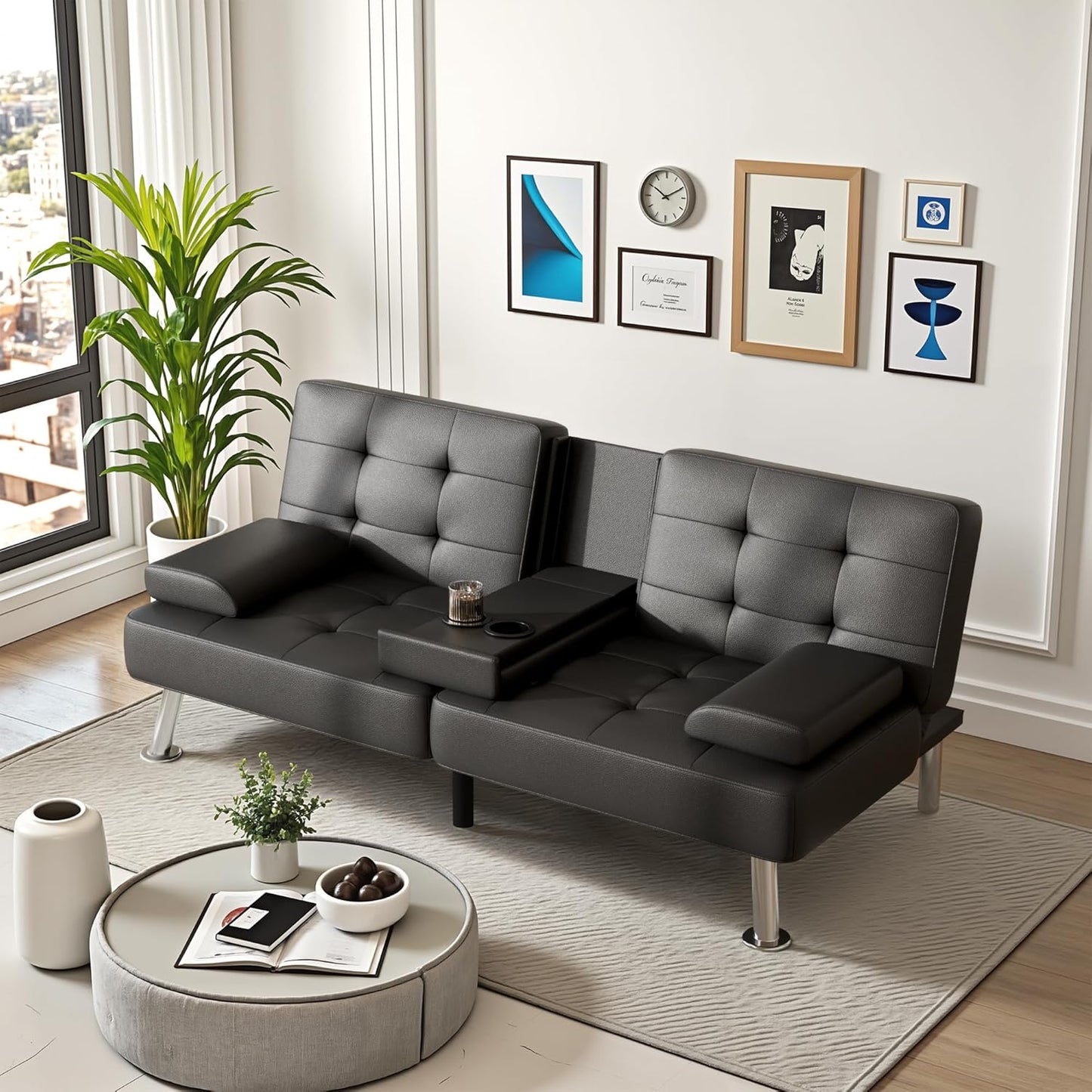 Futon Sofa Bed Convertible Folding Futon Set Modern Recliner Lounge for Small Room & Living Room with 2 Cup Holders, Removable Armrests (Artificial Leather, Black)