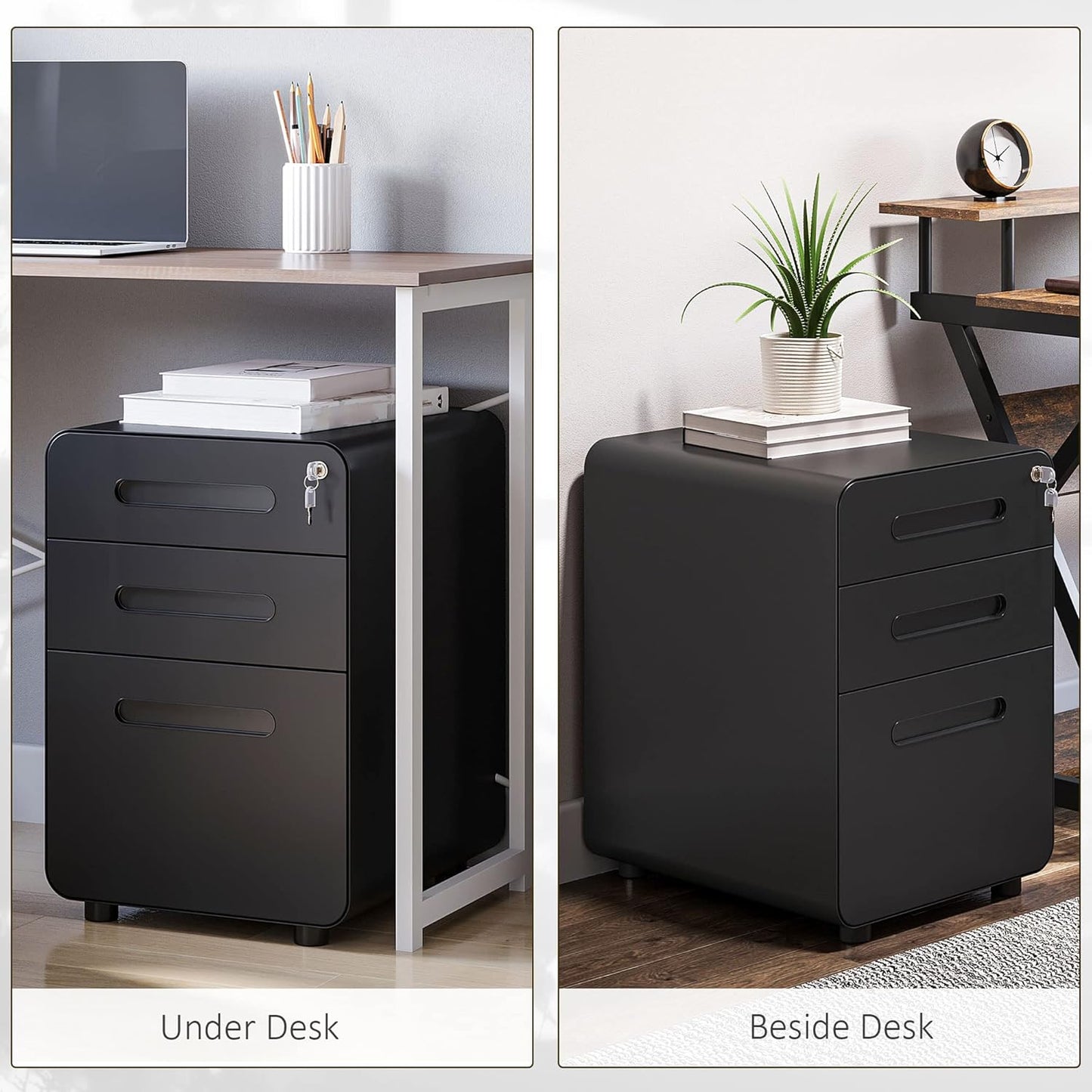 3 Drawer Vertical Filing Cabinet with Lock and Wheels, Under Desk Mobile File Cabinet for Legal, A4, Letter Size, Steel Frame for Home Office, Black
