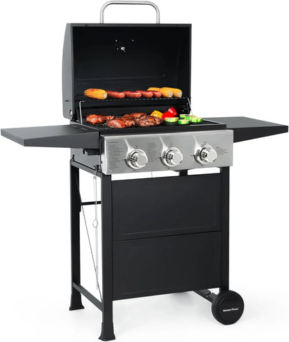Burner BBQ Propane Gas Grill, Stainless Steel 30,000 BTU Patio Garden Barbecue Grill with Two Foldable Shelves