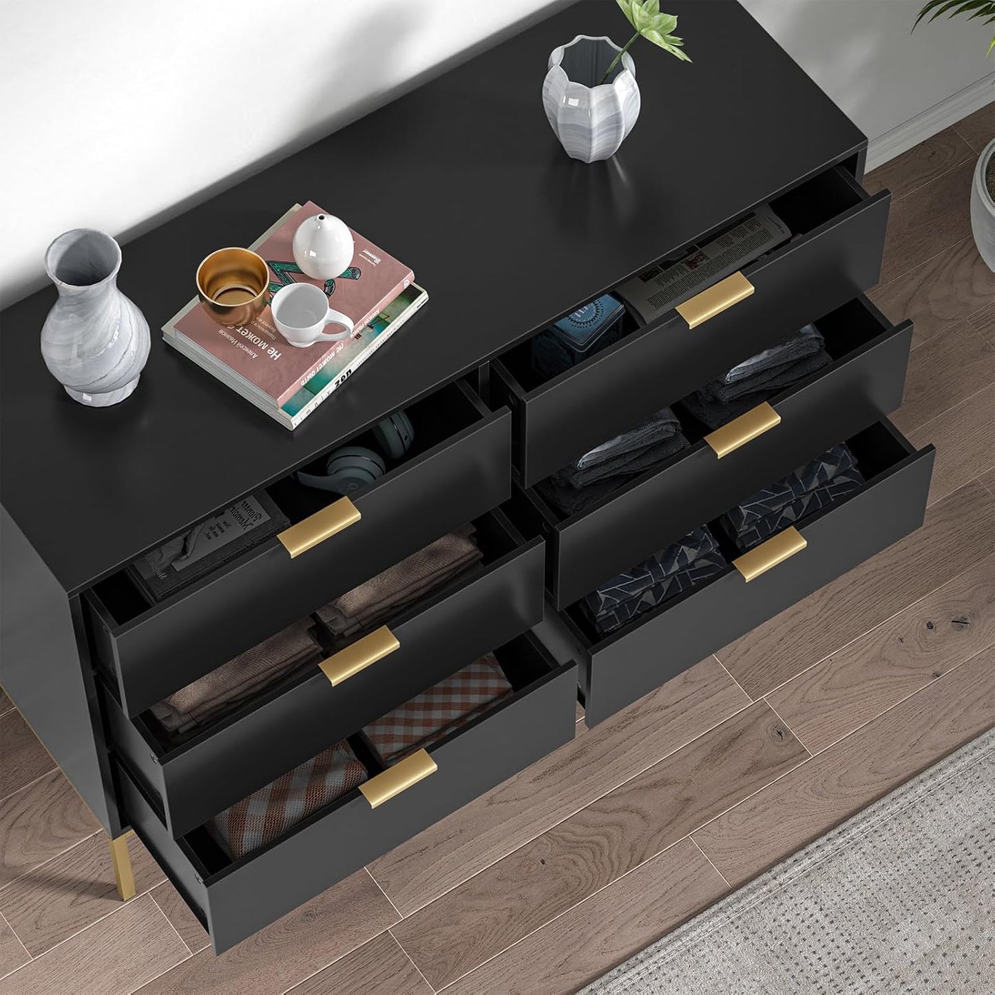 Black Dresser for Bedroom, Modern 6 Drawer Dresser, Chest of Drawers Closet Organizers and Wood Storage Clothes, White Dresser with Golden Handles for Living Room, Hallway
