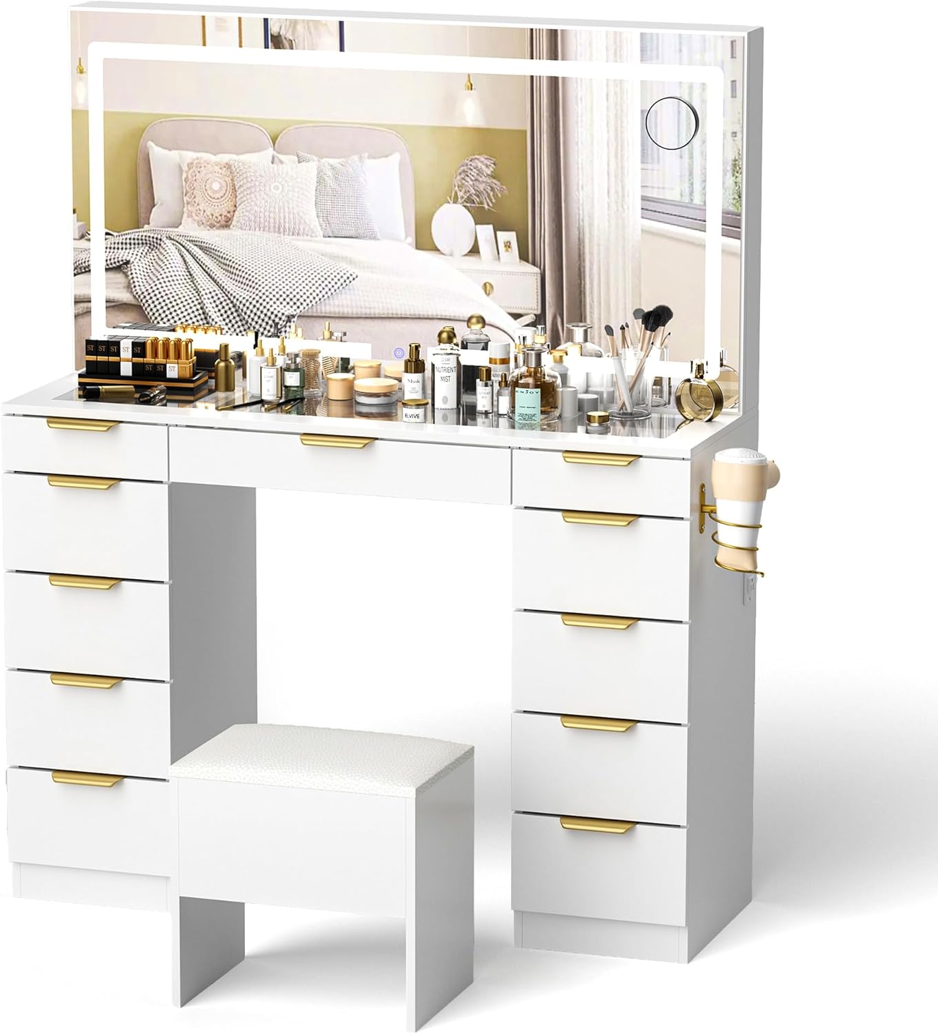 Glass Top Vanity Desk with Mirror and Lights, 11 Drawers Makeup Vanity with Golden Handles, 3 Lighting Modes Upgraded Silent Slides Vanity Desk with Bench, Portable Mirror and Power Putlet