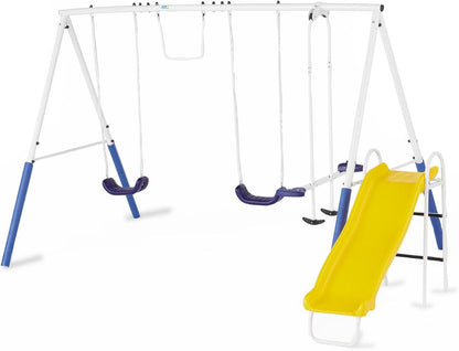 Recreation Blue Ridge Backyard Playground Set Sturdy Metal A Frame Swing with Chain Covers, Glider, Trapeze, 2 Swings, and Slide, Multicolor