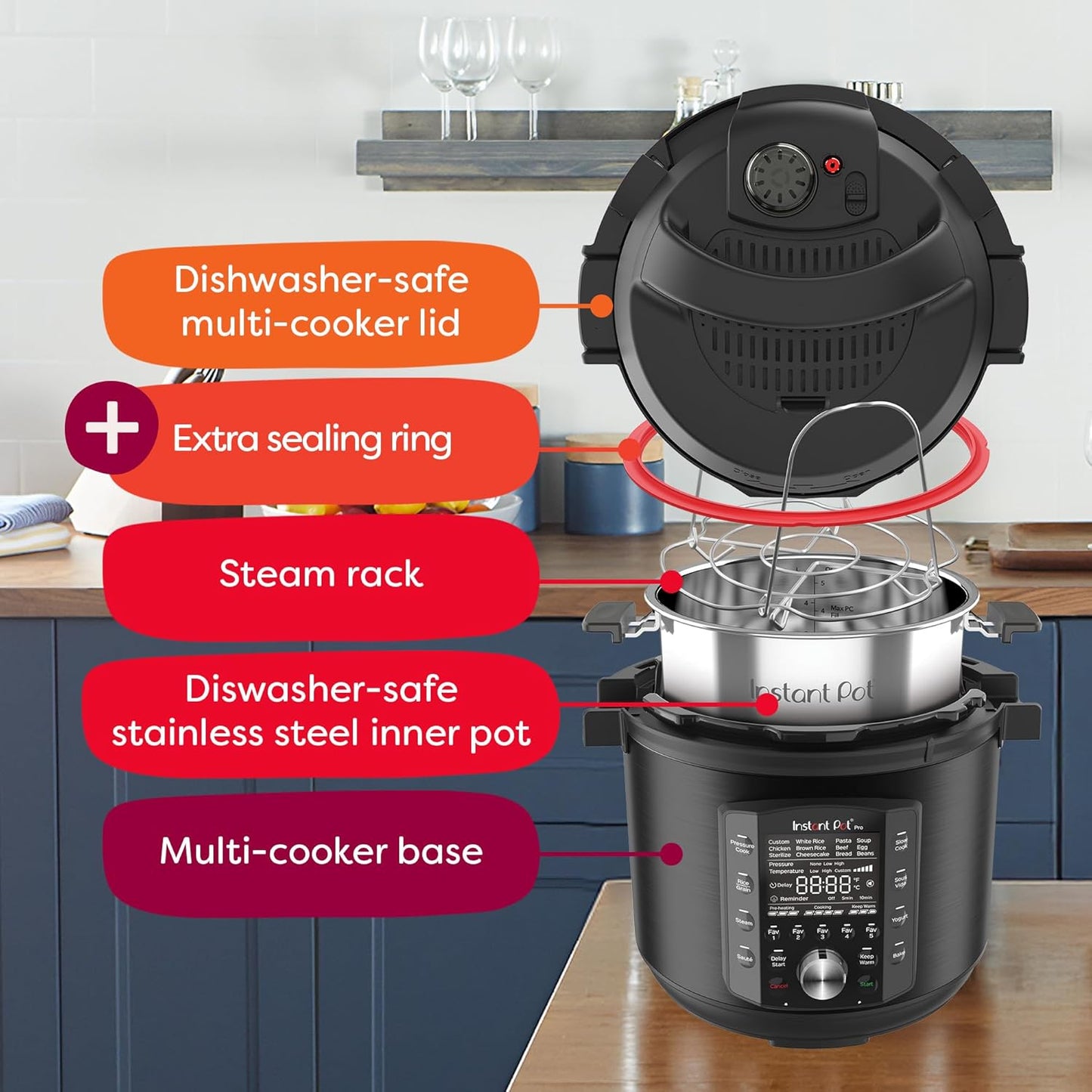 10-in-1 Pressure Cooker, Slow Cooker, Rice/Grain Cooker, Steamer, Sauté, Sous Vide, Yogurt Maker, Sterilizer, and Warmer, Includes App With Over 800 Recipes, Black