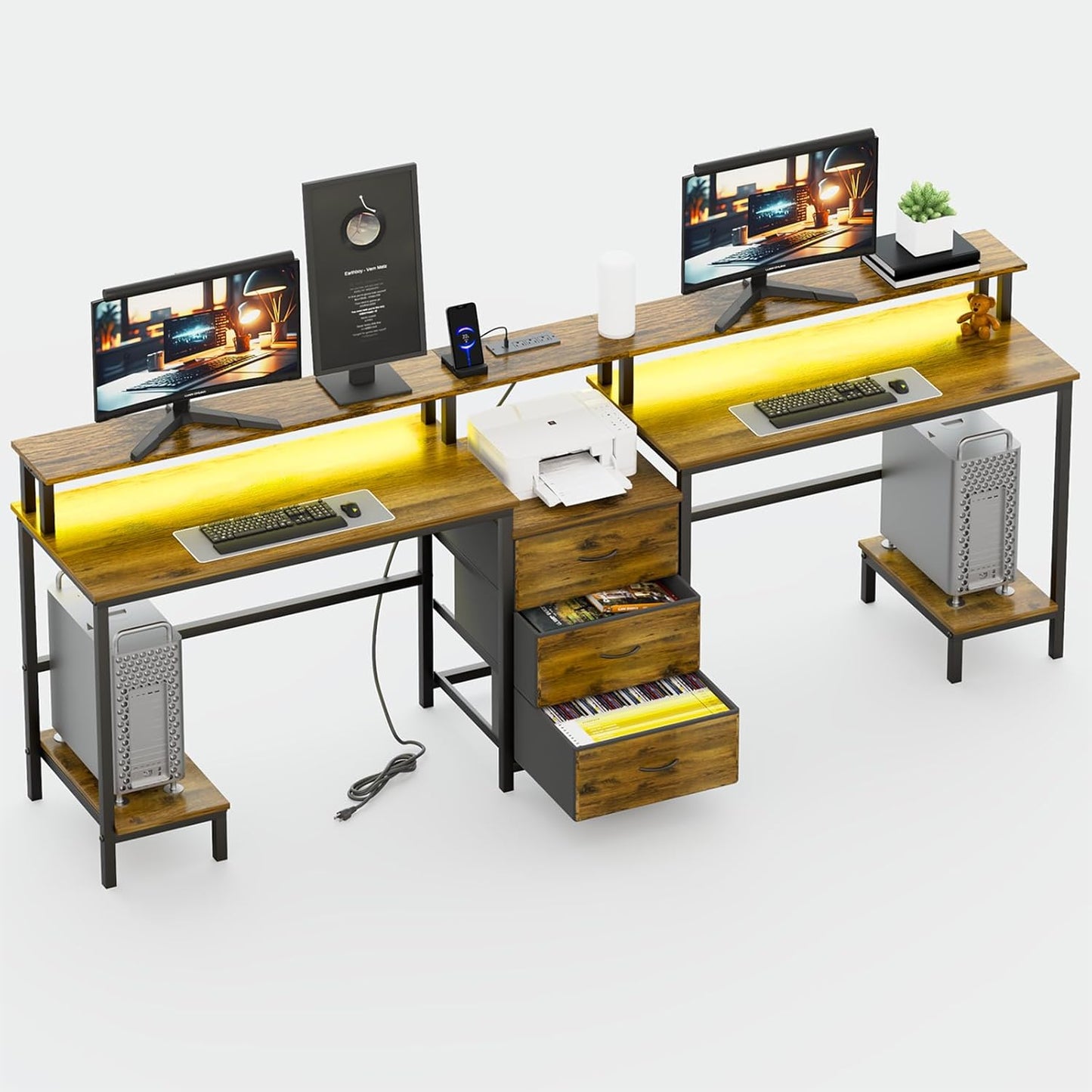 2 Person Desk with LED Lights & Charging Station – Long Desk for 2 with Storage Drawers, Monitor Riser, USB Ports & Outlets – Modern Study Table or Workstation for Home Office