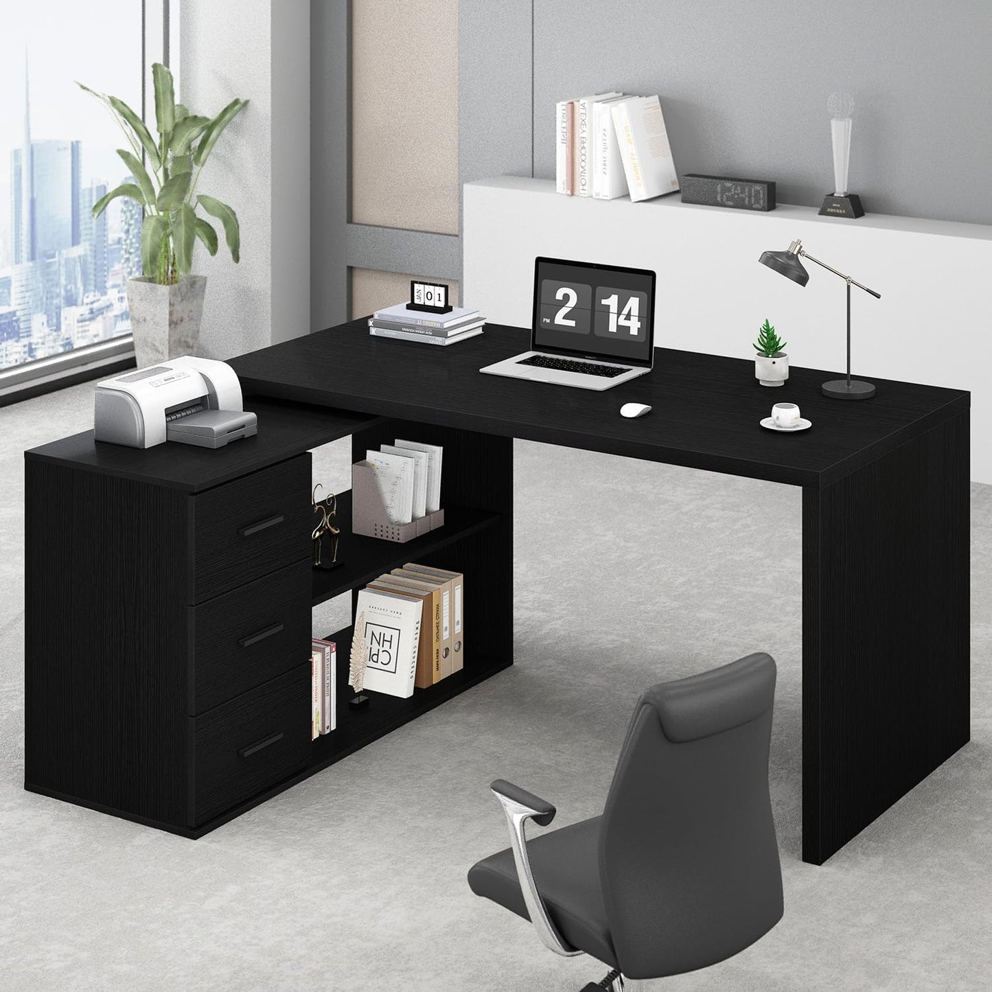 L Shaped Desk with Drawers Shelves, Corner Home Office Desk with Storage Cabinet, Large Wood Computer Desk for PC Executive Work Writing Study, Modern Living Room Bedroom Table,White Oak,60 in