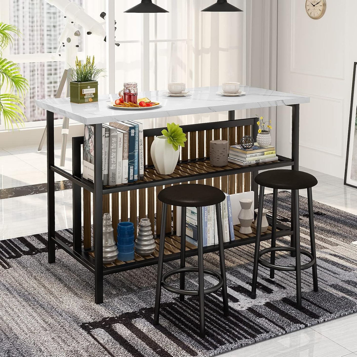 Kitchen Island with Seating & Storage Shelf, Faux Marble Island Table for Kitchen, Modern Bar Table and Chairs Set for 2,Dining Table Set for Small Space,White