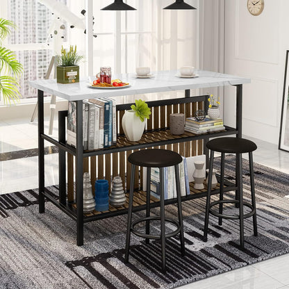 Kitchen Island with Seating & Storage Shelf, Faux Marble Island Table for Kitchen, Modern Bar Table and Chairs Set for 2,Dining Table Set for Small Space,White