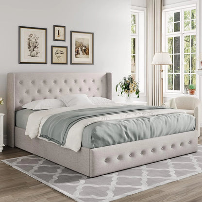 Queen Size Lift Up Storage Bed, Modern Wingback Headboard, Hydraulic Support, No Box Spring Needed, Light Beige