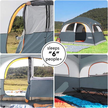 A 6-person waterproof and windproof portable family camping tent, with a double-layer structure, equipped with 1 mesh door and 5 large mesh windows - height of 10 feet × 9 feet × 78 inches (unit: inches)