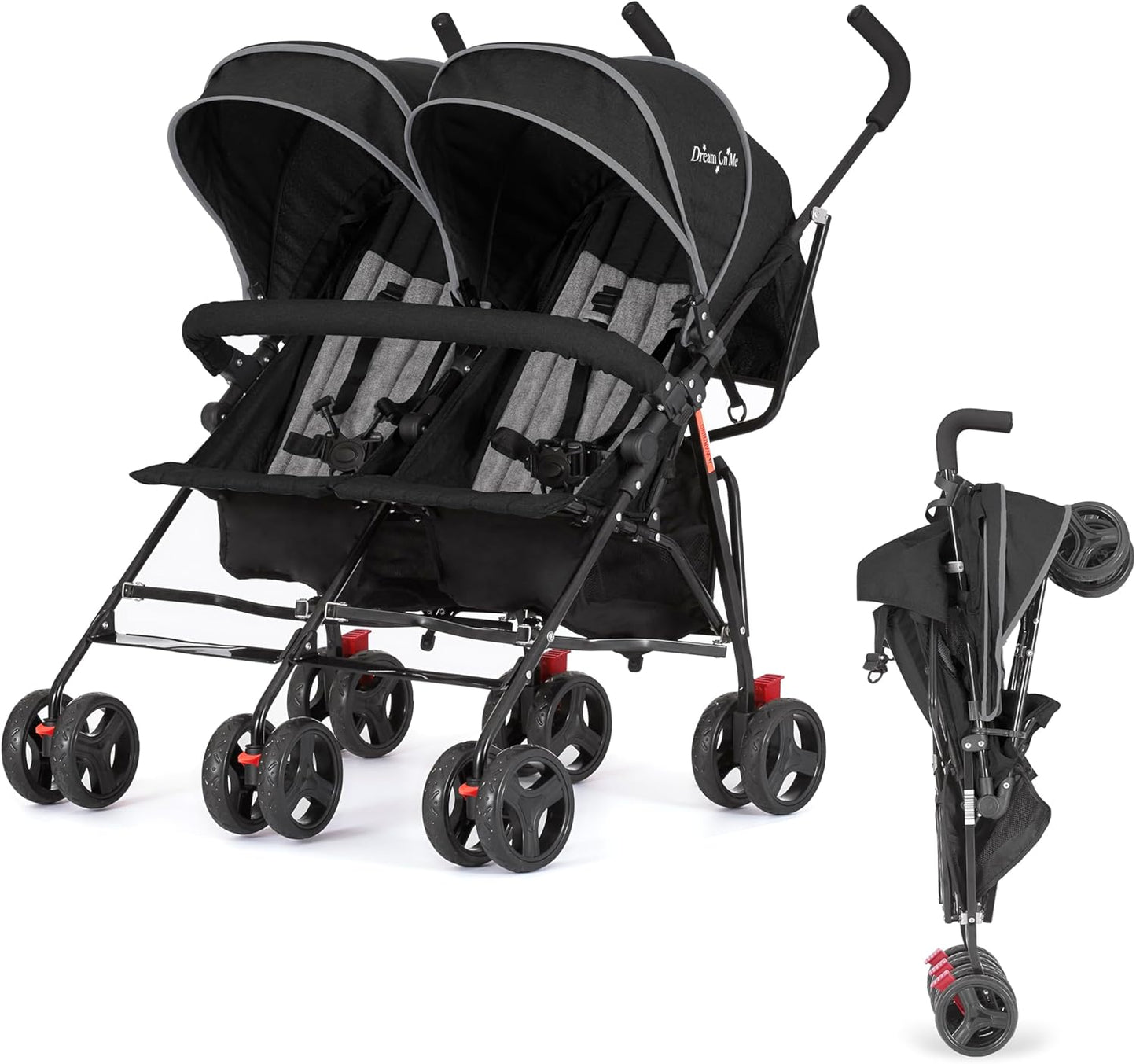 Twin Umbrella Stroller in Black, Lightweight Double Stroller for Infant & Toddler, Compact Easy Fold, Large Storage Basket, Large and Adjustable Canopy