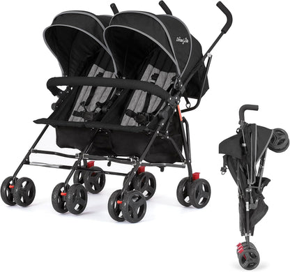 Twin Umbrella Stroller in Black, Lightweight Double Stroller for Infant & Toddler, Compact Easy Fold, Large Storage Basket, Large and Adjustable Canopy