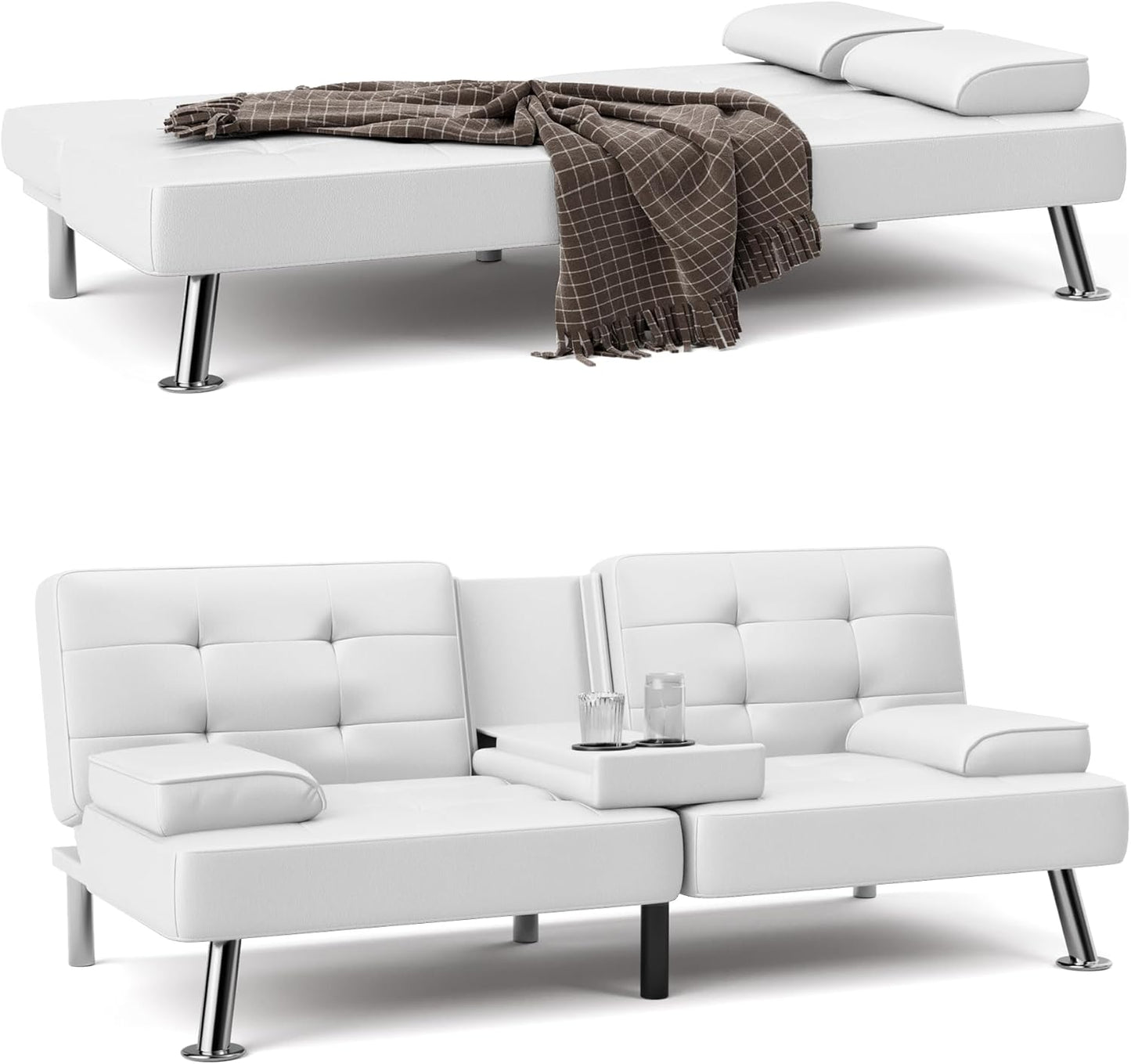 Futon Sofa Bed Convertible Folding Futon Set Modern Recliner Lounge for Small Room & Living Room with 2 Cup Holders, Removable Armrests (Artificial Leather, Black)