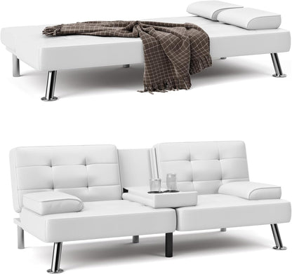 Futon Sofa Bed Convertible Folding Futon Set Modern Recliner Lounge for Small Room & Living Room with 2 Cup Holders, Removable Armrests (Artificial Leather, Black)