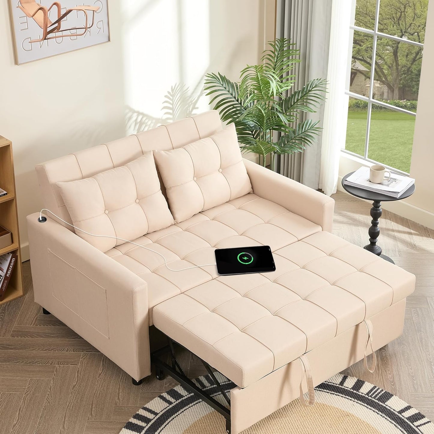52" Sleeper Sofa with Pull-Out Bed, 3-in-1 Convertible Sofa Bed, Loveseat with Adjustable Backrest and Side Pocket, for Living Room Apartment, Linen, Dark Grey