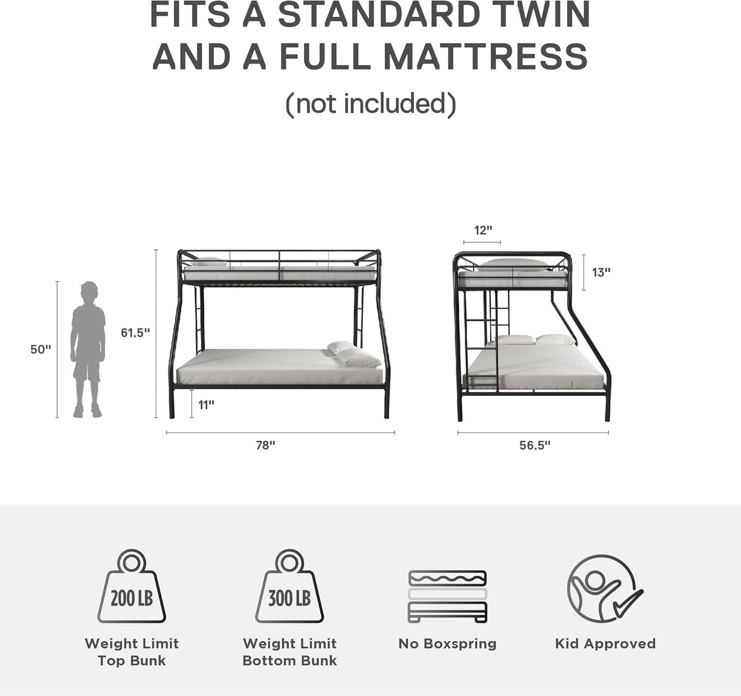DHP Dusty Twin Over Full Metal Bunk Bed, Off White