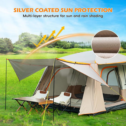 Camping Tent, 4-6 Person Family Cabin Tents, Large Waterpoof Tents for Camping Outdoor, 210D Oxford Fabric Blackout Foldable Sunburn Prevention Tent with 2 Rooms, 3 Foyers for Picnic Khaki