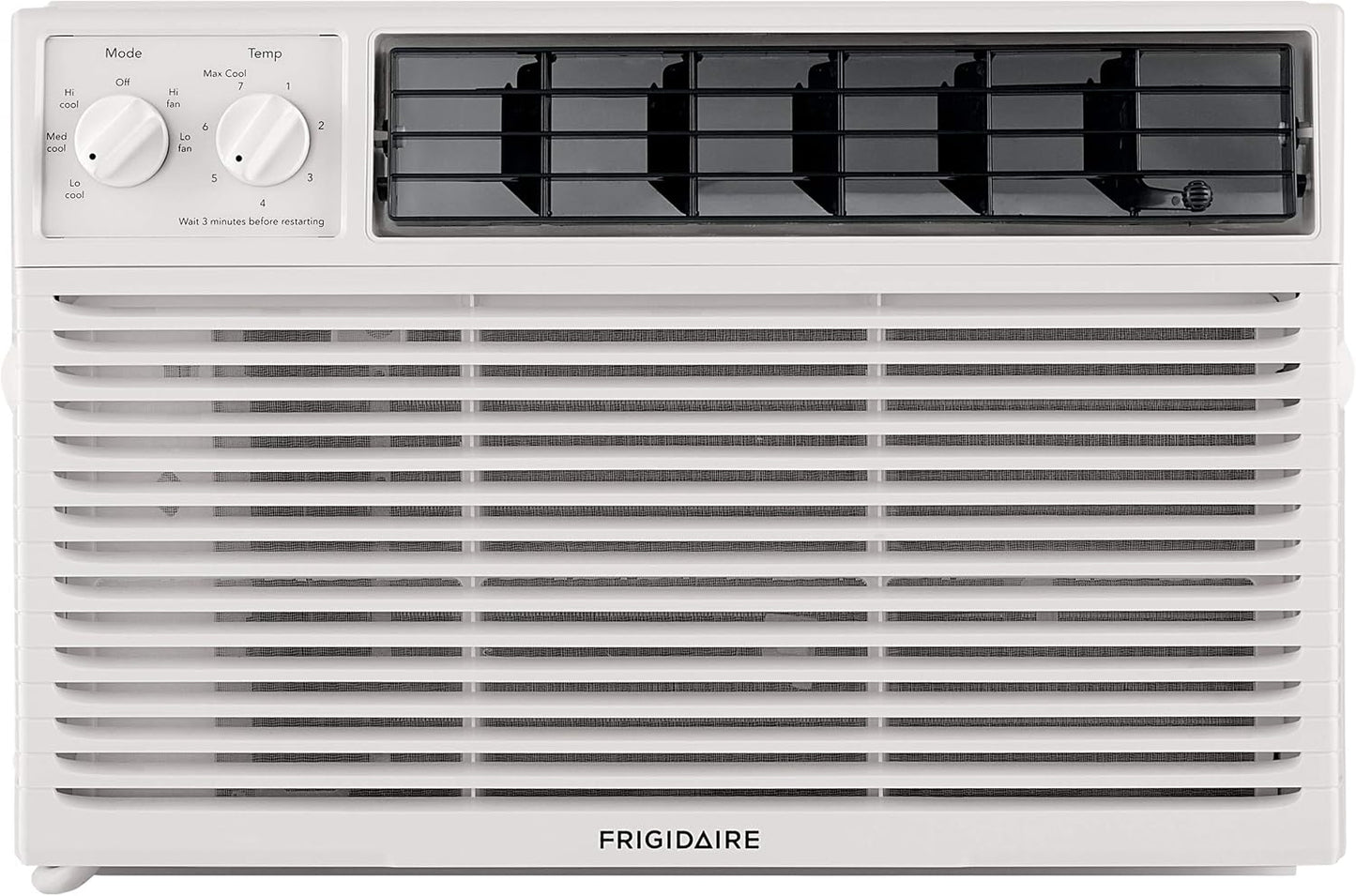 5000-watt window air conditioner, with a cooling area of 250 square feet, operates quietly, has easy and convenient temperature adjustment, 2 fan speeds, automatic restart function, and a white appearance