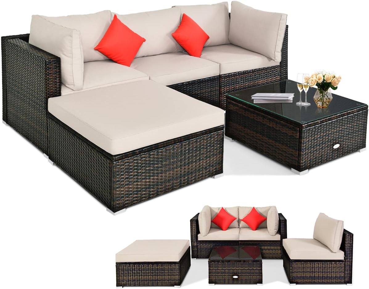 5 pieces of outdoor patio furniture, L-shaped rattan three-seater sofa with tempered glass coffee table, footstool, 3 single chairs, rattan outdoor party set, suitable for backyard, porch, balcony, black version