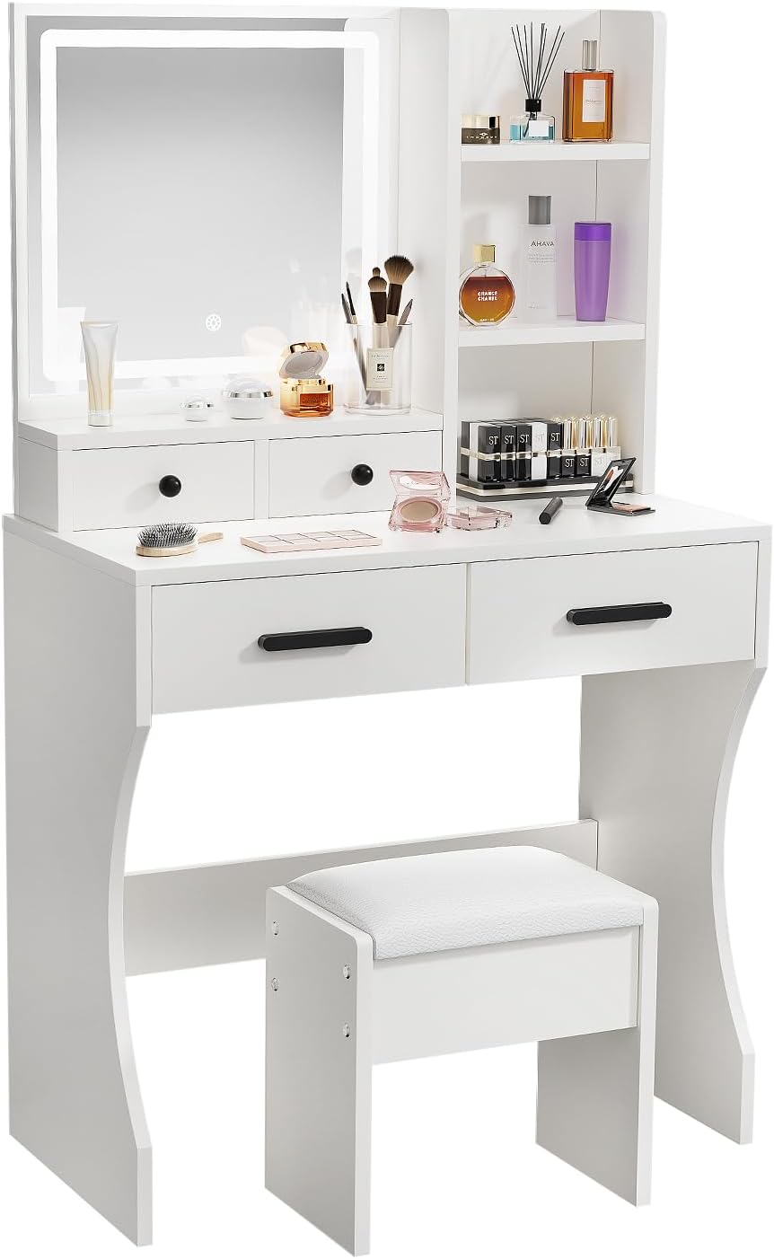Makeup Table with Extra Large Mirror and Lights, 80cm Dressing Table with Stool