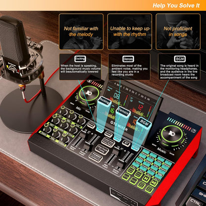 Podcast Equipment Bundle,with 3.5mm Condenser Microphone & Live Sound Card - Audio Mixer for Streaming, PC/Mobile Live Singing, Gaming Content Creators, Soundboard with USB Computer Interface