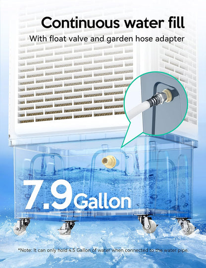 Evaporative Cooler, 2100CFM Air Cooler, 120°Oscillation Swamp Cooler with Remote Control, 24H Timer, 3 Wind Speeds for Outdoor Indoor Use,8 Gallon