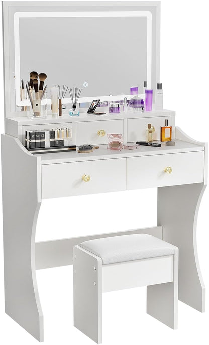 Makeup Table with Extra Large Mirror and Lights, 80cm Dressing Table with Stool