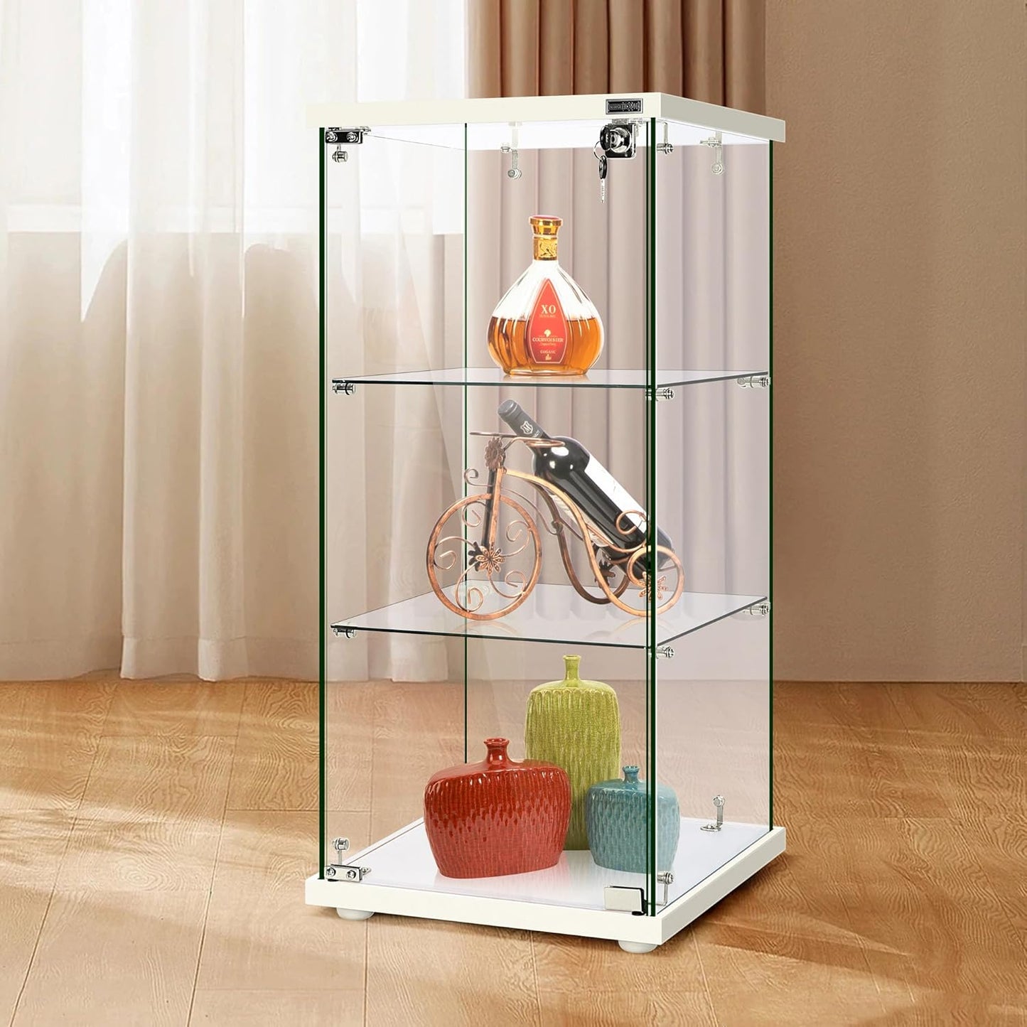 4 Layers 15.7''W x 15.7''D x 62.6''H Glass Display Cabinet Countertop Showcase with Lock, 5mm Tempered Glass 25mm MDF Base