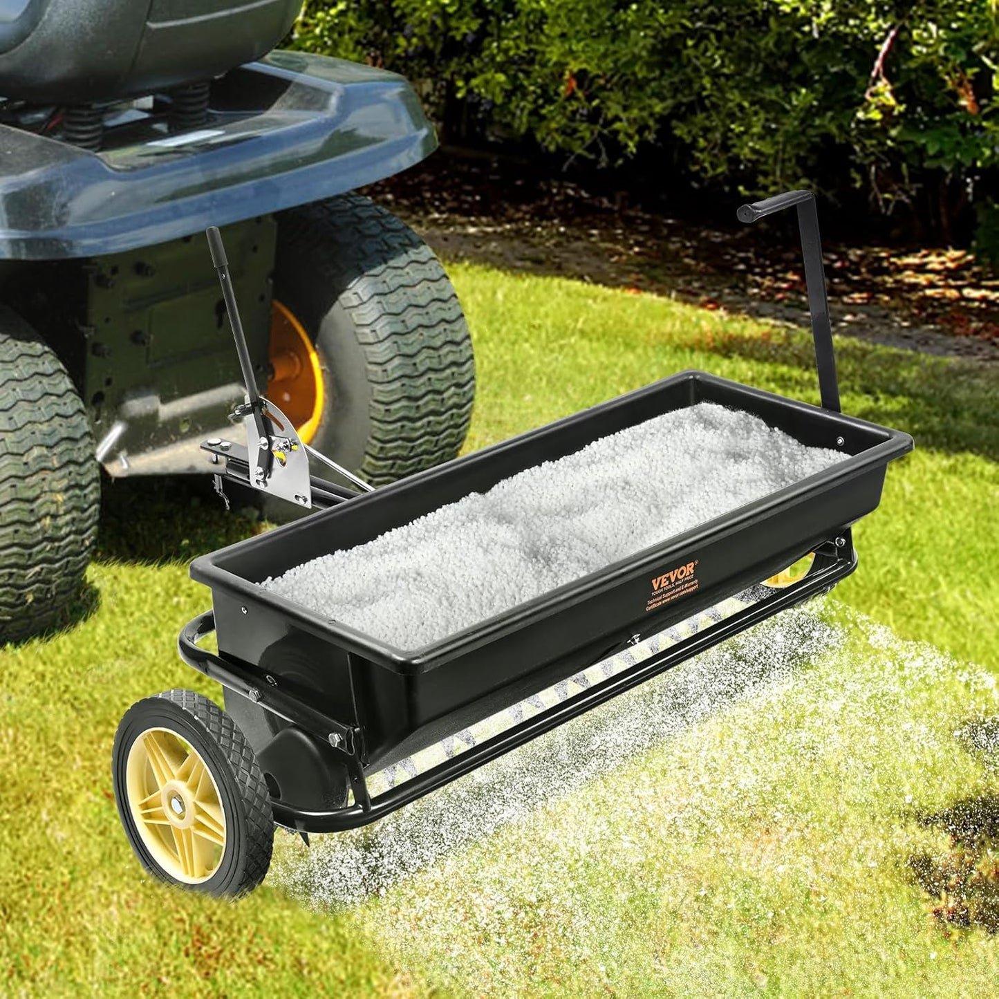 Broadcast seeder, 100-pound tractor-mounted rear polyethylene seeder with 10-inch wheels, equipped with a steel spike weeder, fertilizer spreader, garden seeder and salt spreader, suitable for residences, farms, rough terrain, and black pavement.